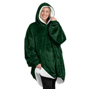An adult with a sherpa wearable blanket on