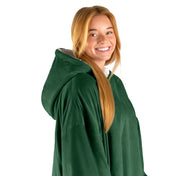 An adult with a hooded wearable blanket on