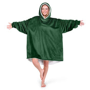 An adult with a hooded wearable blanket on
