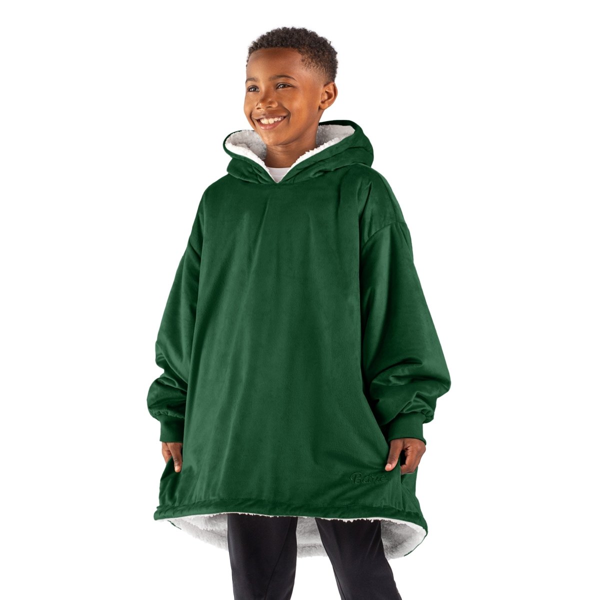 A child with a sherpa wearable blanket on