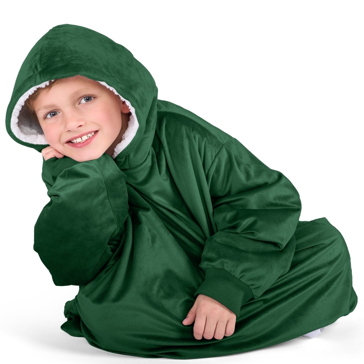 Close up of a sherpa wearable blanket on a child