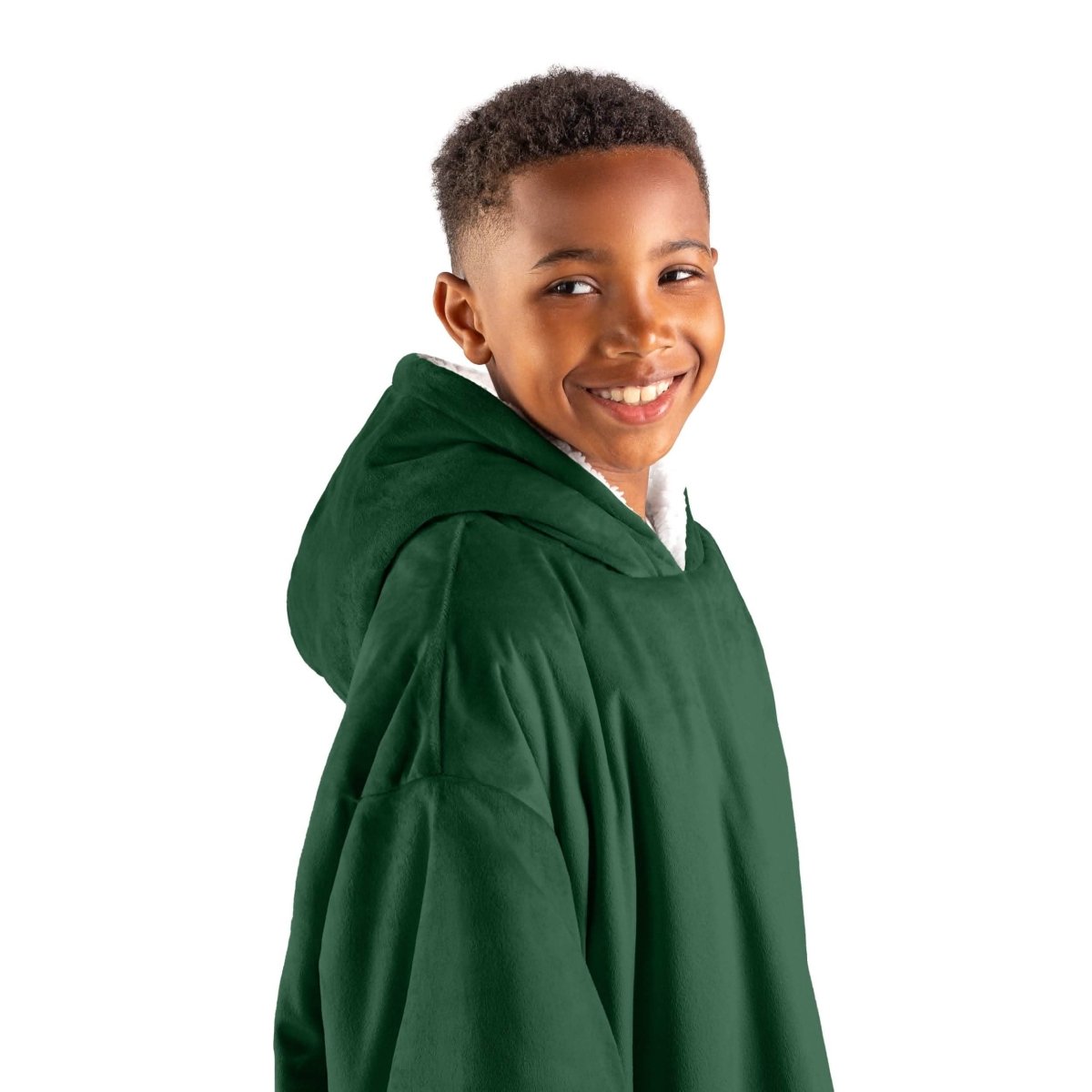 Close up of a sherpa wearable blanket on a child