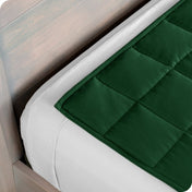 Close up of a weighted blanket on top of a bed made with white sheets