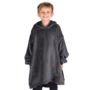 A boy dressed in a microplush wearable blanket.