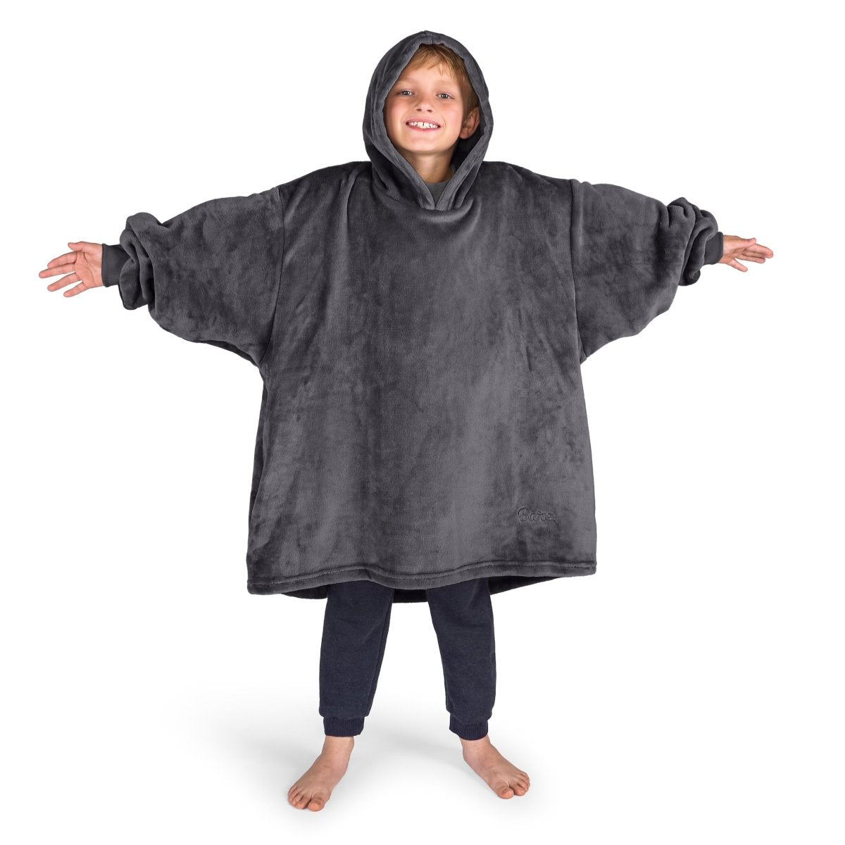 A boy wearing a cozy hooded blanket.