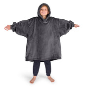 A boy wearing a cozy hooded blanket.