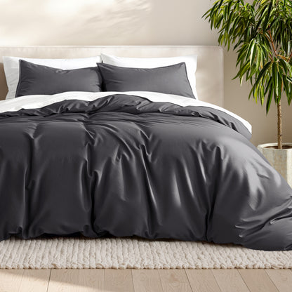 Microfiber bedding set on a bed with a neutral background
