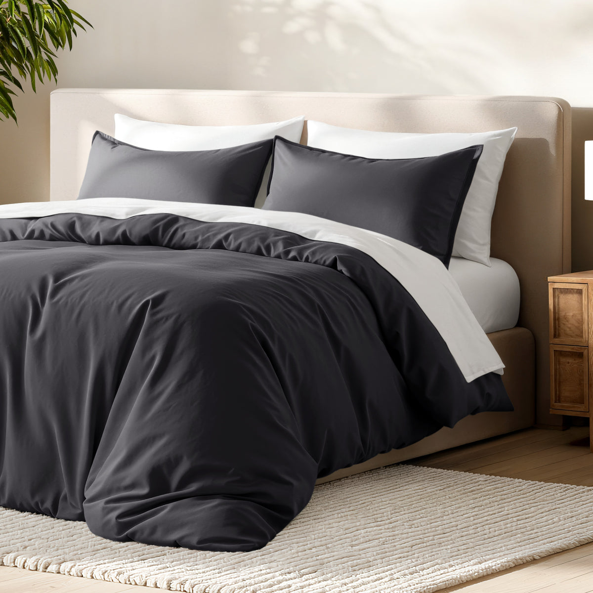 Bed with microfiber duvet cover and sham set in a bedroom setting.