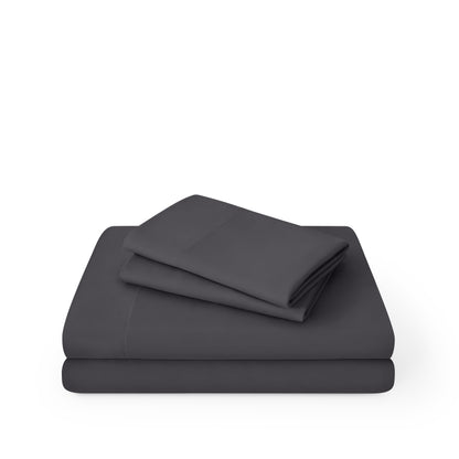 Microfiber sheet set folded and stacked on a white background