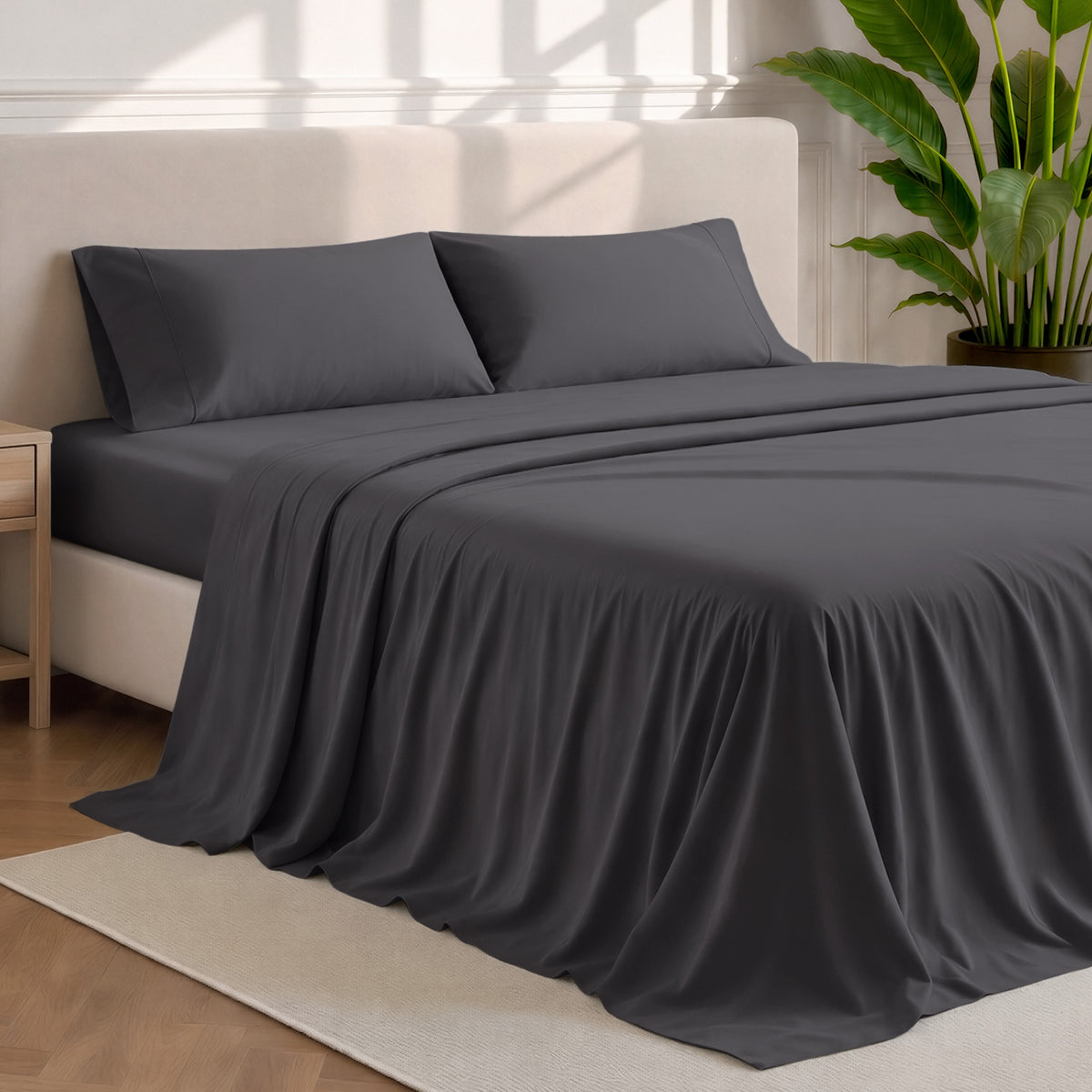 Microfiber sheets and pillowcases in a bedroom stetting