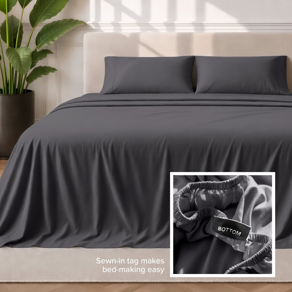 Sewn-in tag makes bed-making easy