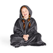 A child has a hooded microplush wearable blanket on