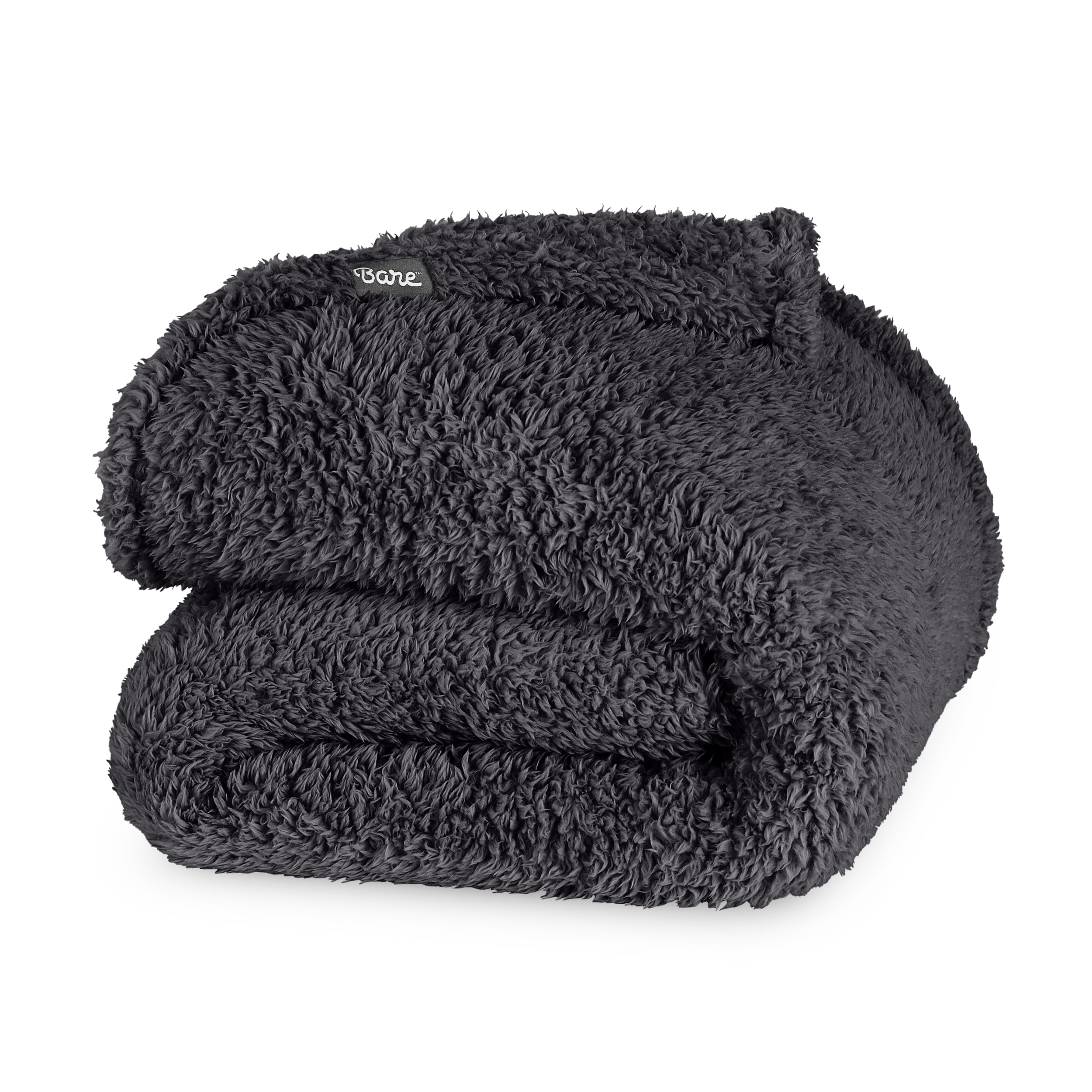 Folded textured blanket with a brand label on a white background