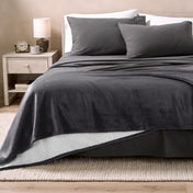 Bed with grey sheets and a sherpa blanket