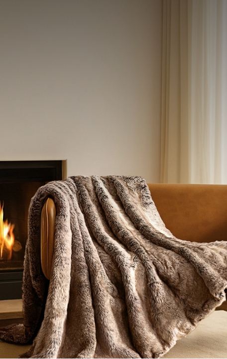 A faux fur blanket on a couch by a fireplace
