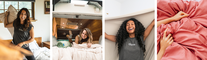Photo collage grid of people in bed with a close-up of blush pink bedding