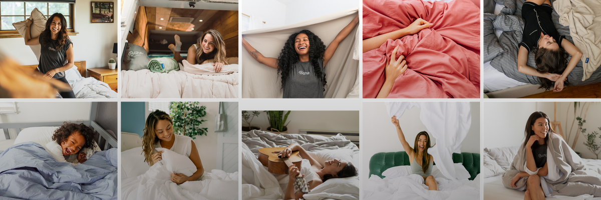 Photo collage grid of customers relaxing on bedding and a close-up of pink sheets