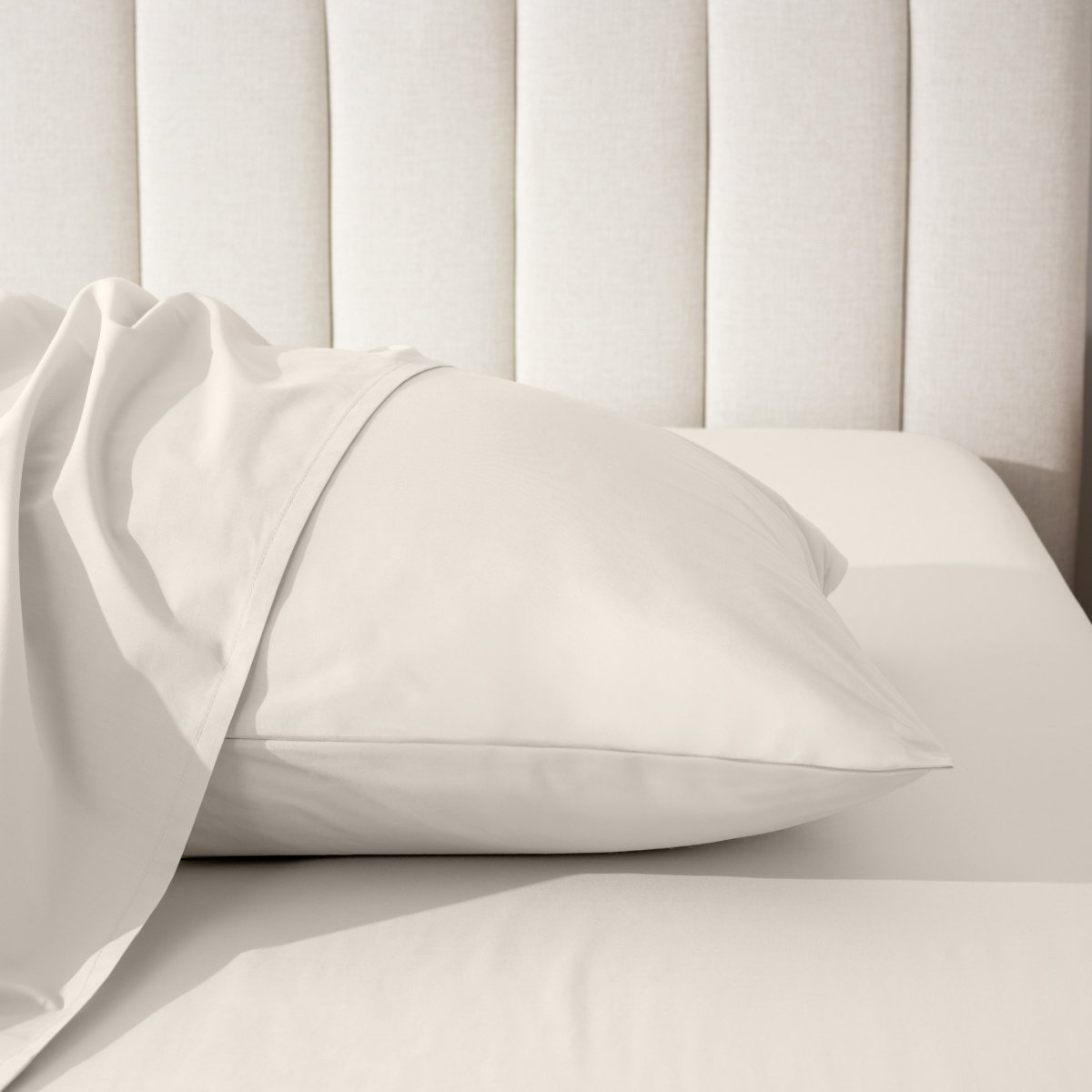 Pillow on a bed with a neutral headboard