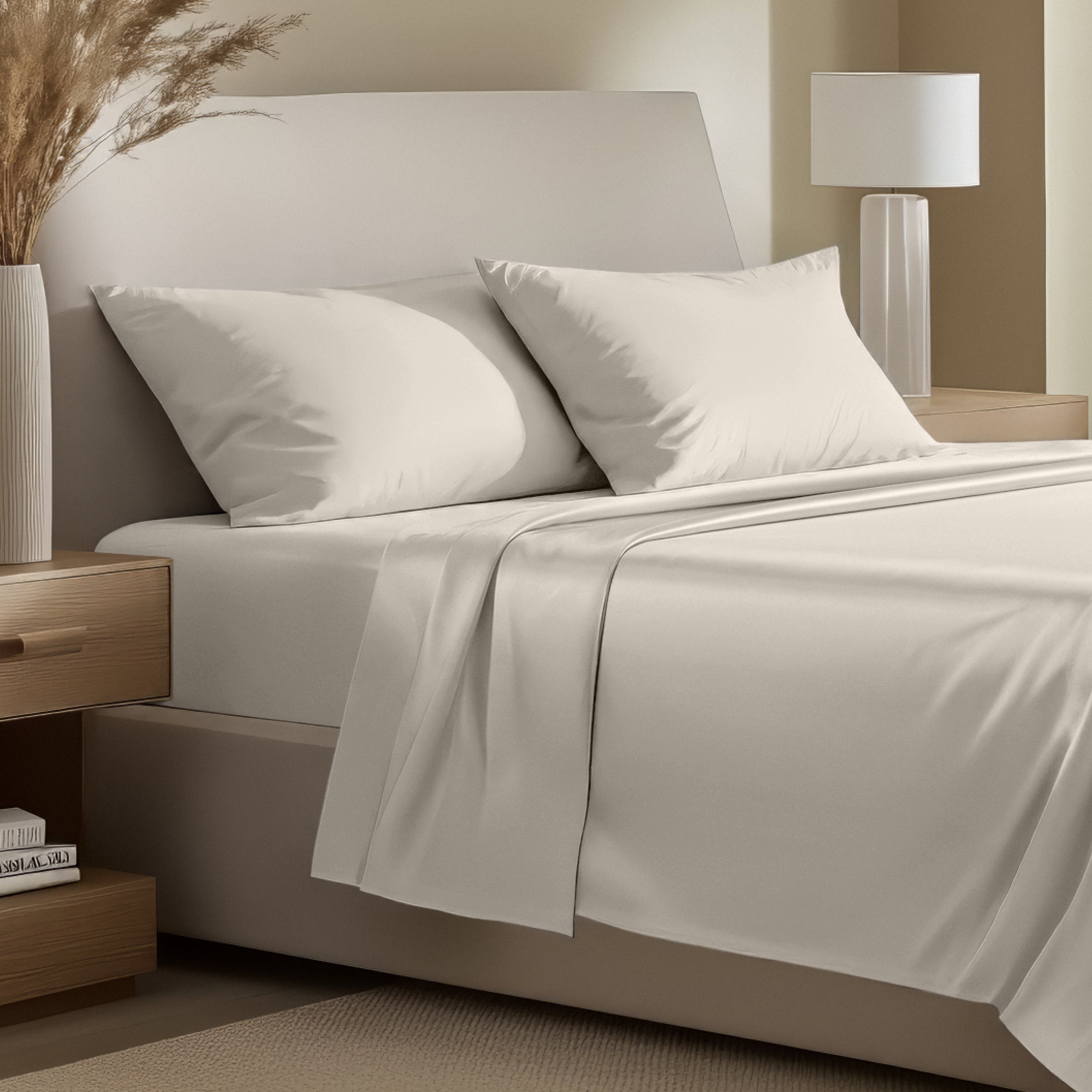 Bedding set on a bed with pillows in a bright room.