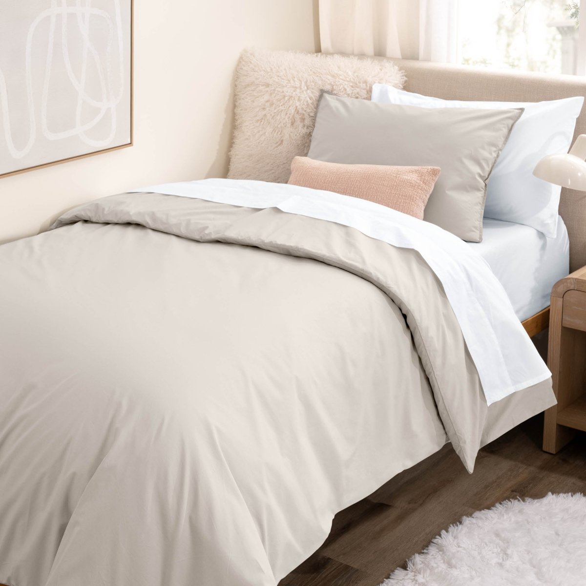 College dorm room with percale bedding