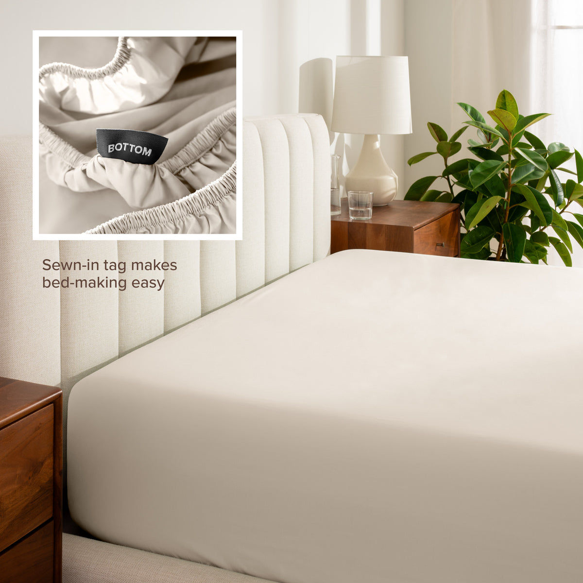 Sewn-in tag makes bed-making easy.