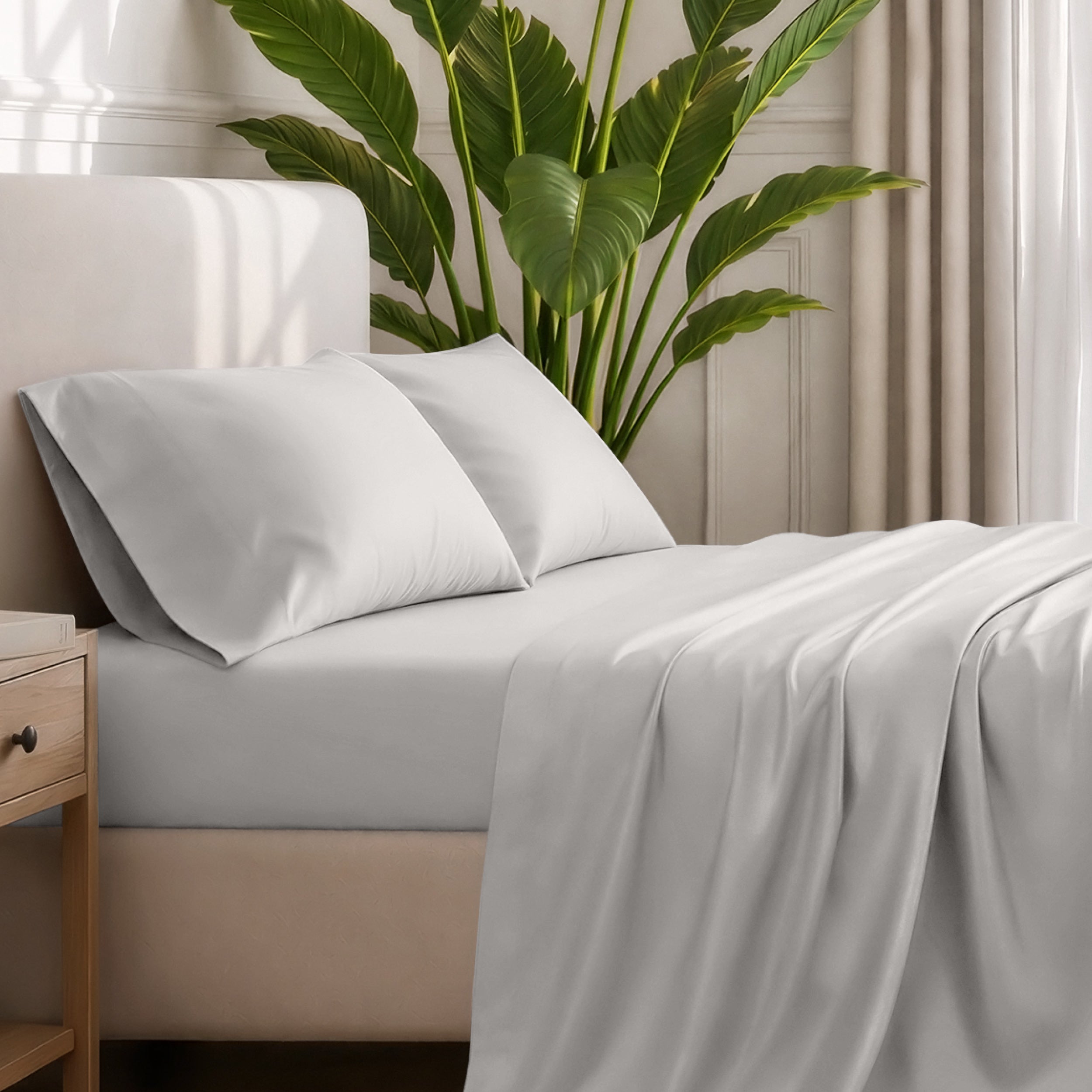 Ultra-soft sheets and pillowcases on a bed with a plant in the background