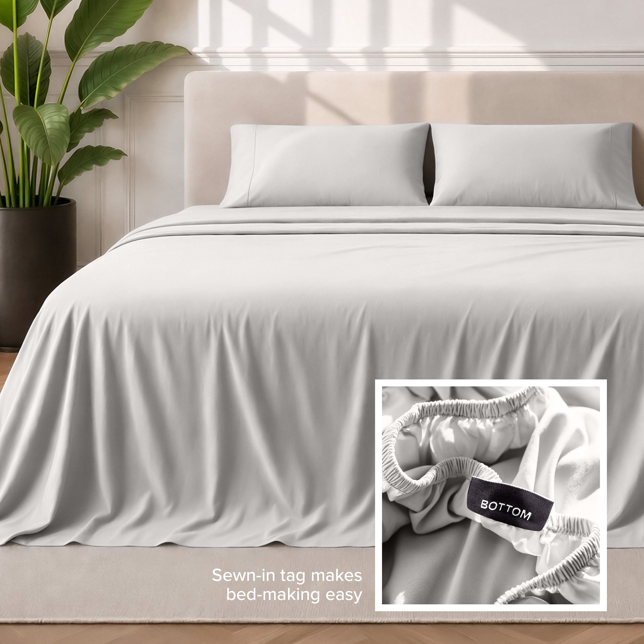 Sewn-in tag makes bed-making easy
