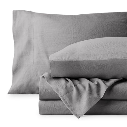 Washed microfiber sheet set folded and stacked on a white background