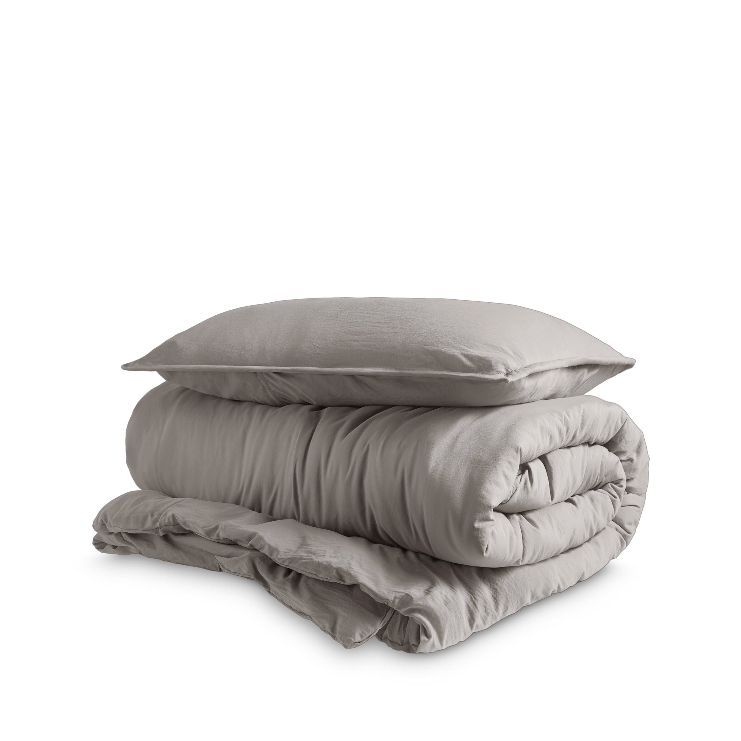 Washed duvet cover and sham set folded and stacked
