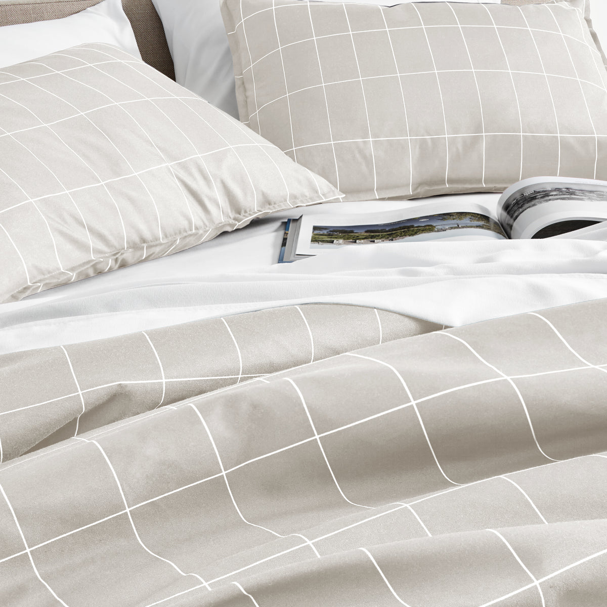 Close up of a printed duvet on a bed
