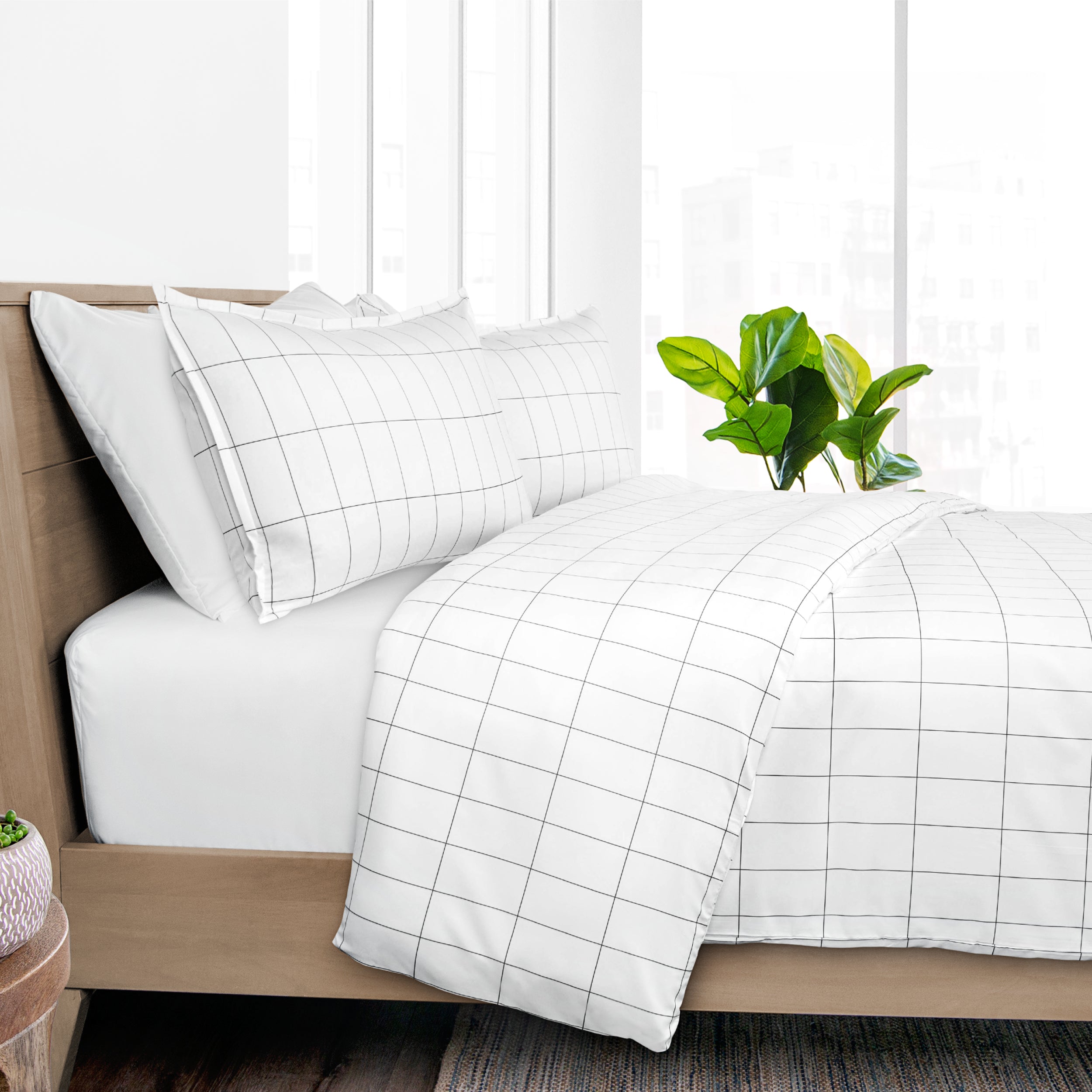 Bed with white grid patterned bedding and a plant near a window