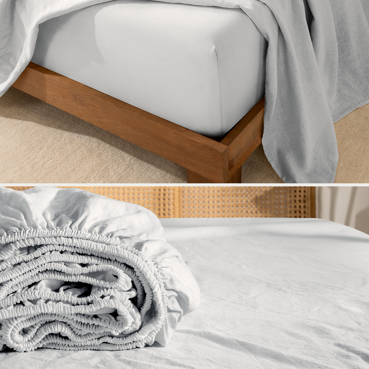 Fitted sheet on a wooden bed frame and folded fitted sheet.