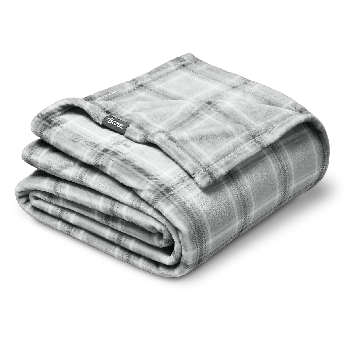 Folded gray plaid blanket with a Bare tag on a white background