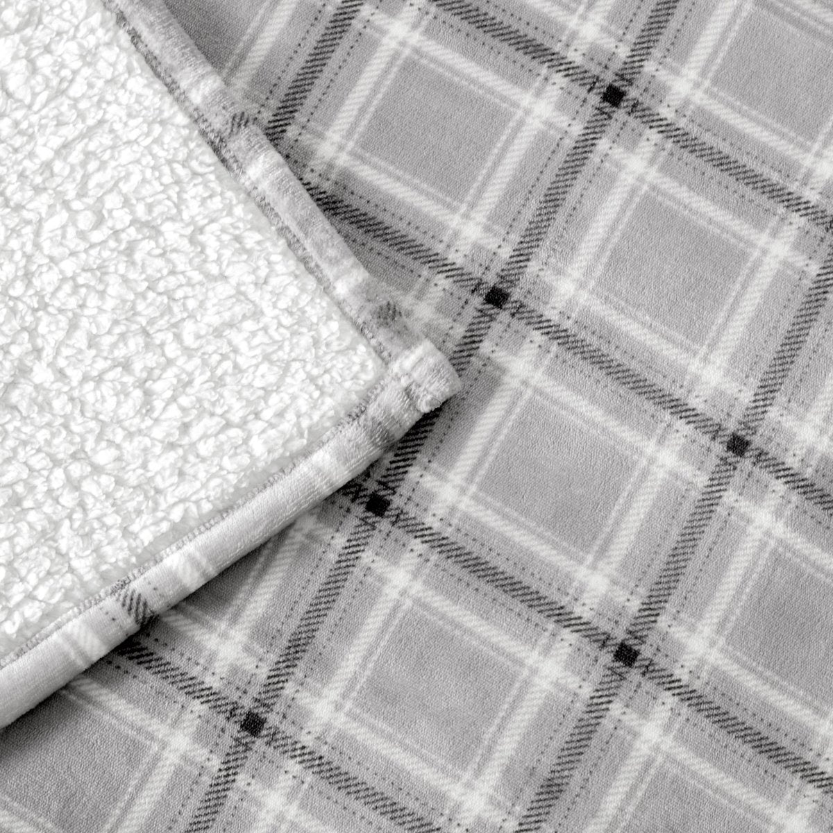 Close-up of both sides of a printed sherpa blanket