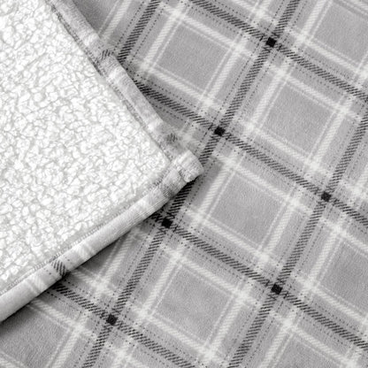 Close-up of both sides of a printed sherpa blanket