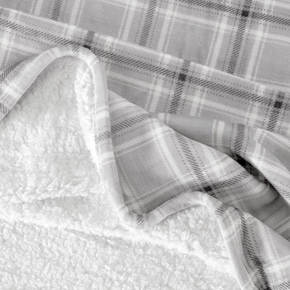 Close-up of both sides of a printed sherpa blanket