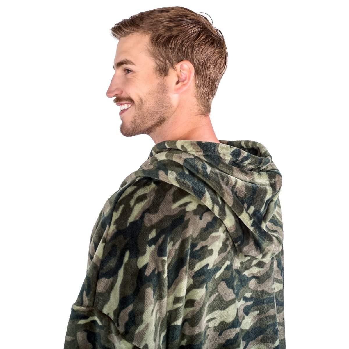 A man in a wearable blanket.