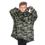 A boy dressed in a microplush wearable blanket.