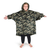 A boy wearing a cozy hooded blanket.