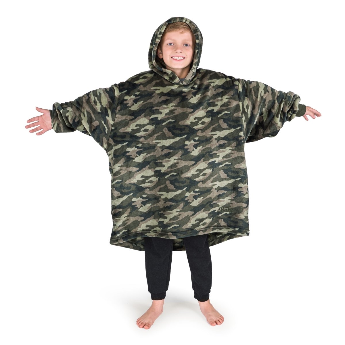 A boy wearing a cozy hooded blanket.