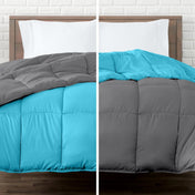 Two views of a reversible comforter on a bed with a white brick wall background.