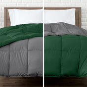 Two views of a reversible comforter on a bed with a white brick wall background.