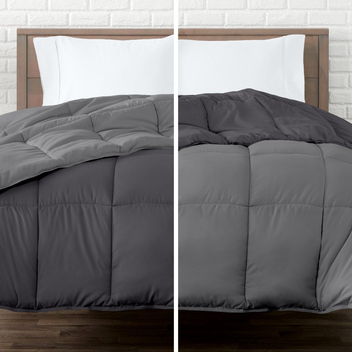 Two views of a reversible comforter on a bed with a white brick wall background.