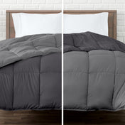 Two views of a reversible comforter on a bed with a white brick wall background.