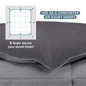 Comforter with text that says use as a comforter or duvet insert.  Shows 8 loops to secure your duvet insert.