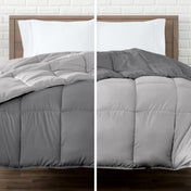 Two views of a reversible comforter on a bed with a white brick wall background.