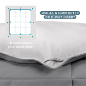 Comforter with text that says use as a comforter or duvet insert.  Shows 8 loops to secure your duvet insert.