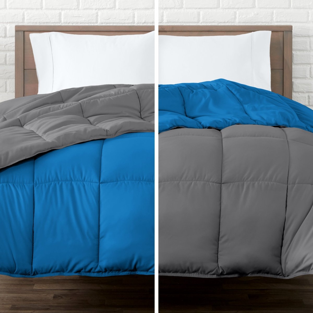 Two views of a reversible comforter on a bed with a white brick wall background.