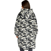 Person wearing a hooded blanket on a white background