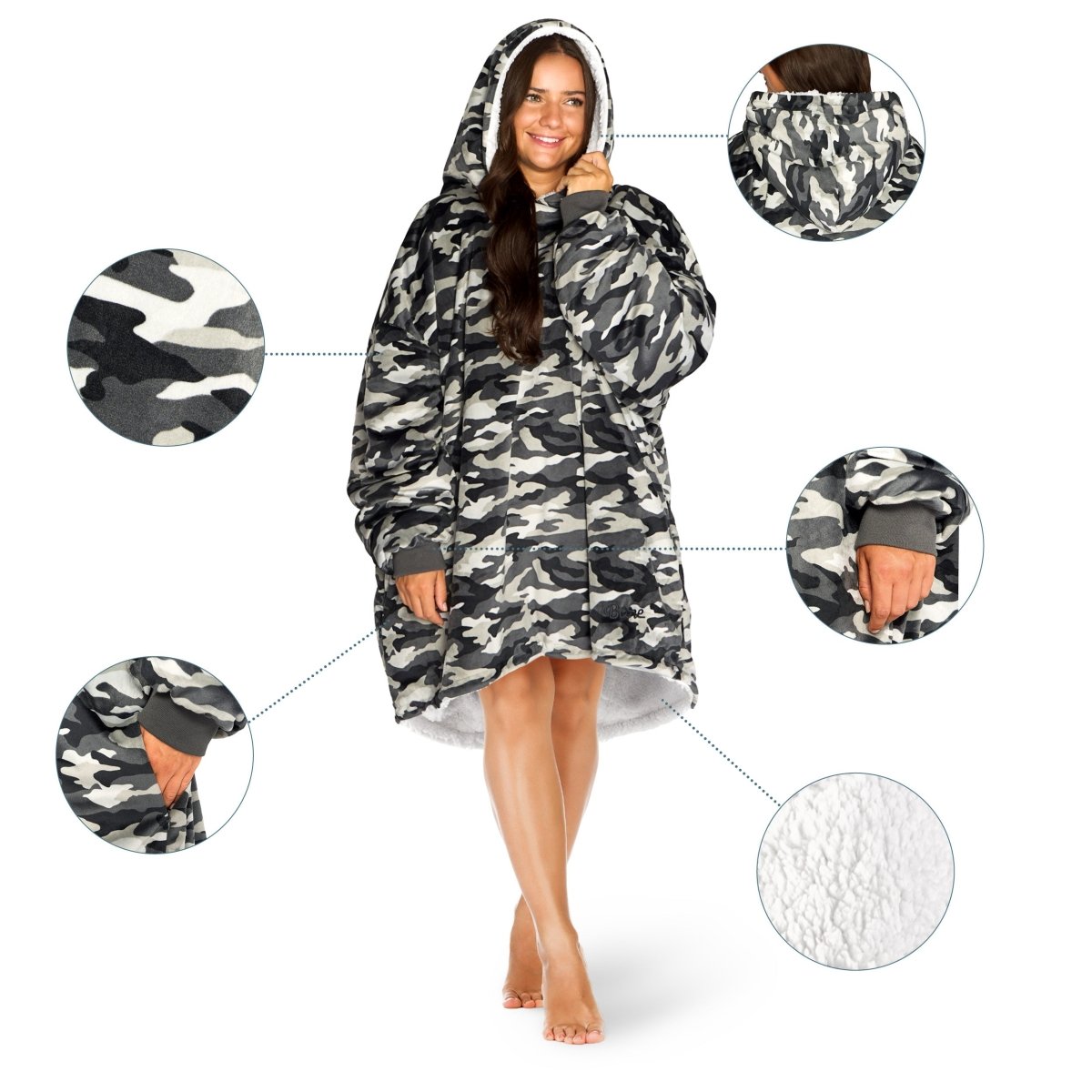 Person wearing a Bare Homey with close-up inserts on a white background